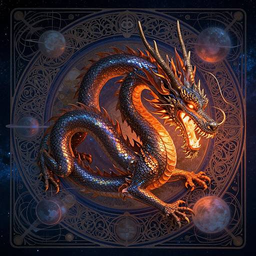 Digital art of a glowing, blue-scaled dragon with fiery orange accents, surrounded by intricate, celestial patterns and floating planets.