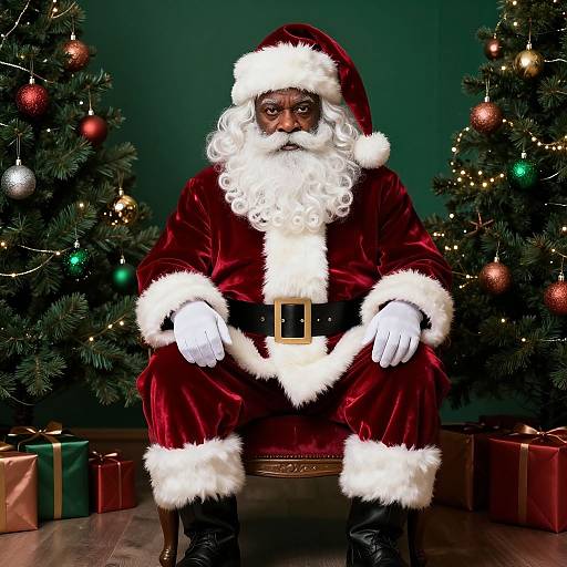 Photograph of Santa Claus with white beard, red velvet suit, black belt, and white gloves, seated between two decorated Christmas trees.
