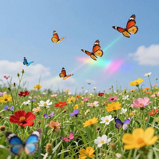 Photograph of vibrant field with colorful flowers, orange and black butterflies, and blue one flying, under bright blue sky with sunbeam.
