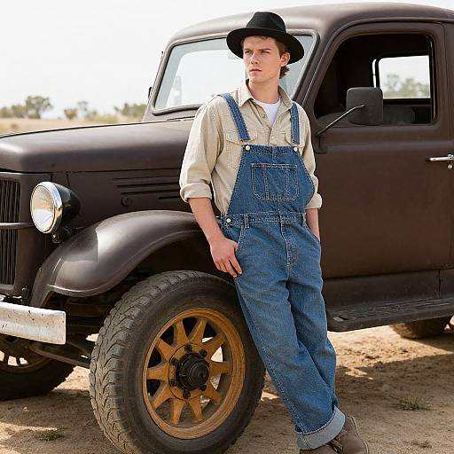 Photograph of a young white man in blue overalls, white shirt, black hat, leaning against a vintage black truck on a dusty road.