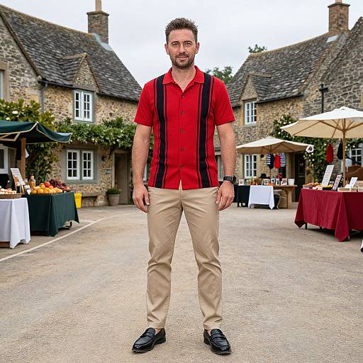 Photograph of a bearded man with short dark hair, wearing a red shirt, beige pants, black suspenders, and black shoes, standing in