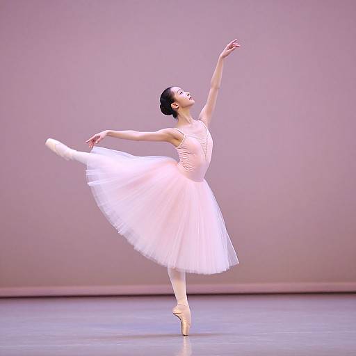 Photograph of a graceful ballerina in a white tutu, pointe shoes, and pink leotard, poised in an elegant arabes