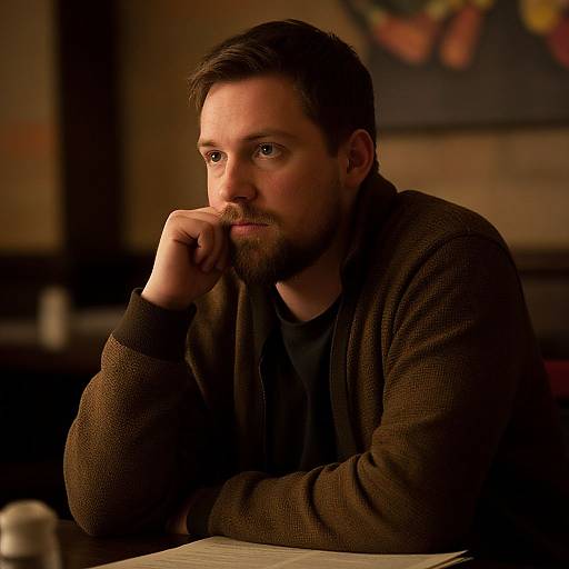 Photograph of a bearded man with short dark hair, wearing a brown cardigan, thoughtfully resting his chin on his hand in a dimly