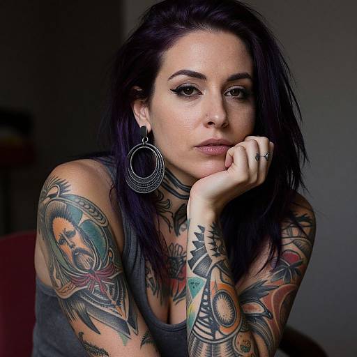 Contemplative Woman with Purple Hair and Tattoos