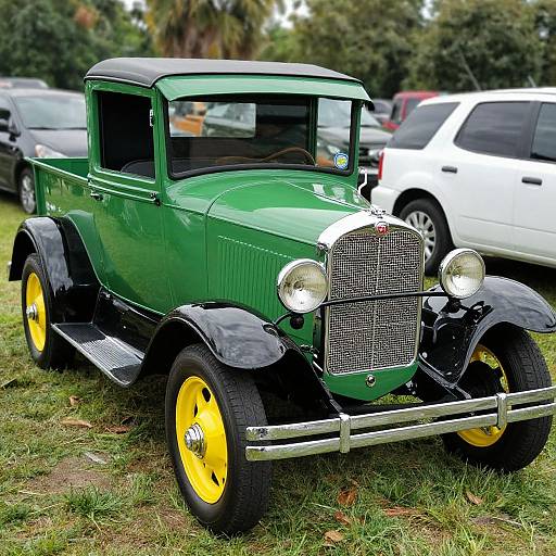 Photograph of a vintage green Ford truck with yellow wheels, black fenders, and chrome grille, parked on grass beside modern cars.