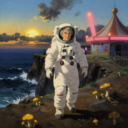 Surreal Elderly Astronaut in Neon Carnival