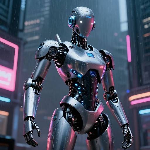 Cybernetic humanoid robot standing in a rainy neon-lit cityscape, with glowing blue and pink lights illuminating its metallic body. CGI art