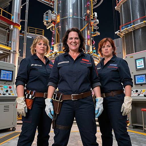 Photograph of three women in black work uniforms with gloves, standing in a brightly lit industrial control room, smiling. Background features control panels and metallic pipes