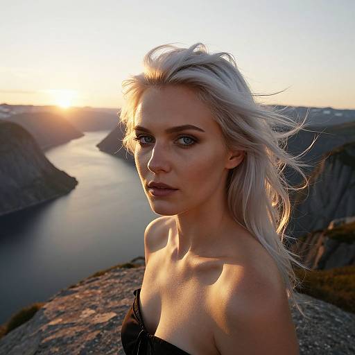 Photograph of a blonde woman with blue eyes, wearing a black off-shoulder top, standing at sunset by a fjord with rocky cliffs.
