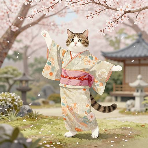 Digital illustration of a wide-eyed, tabby cat in a floral kimono, standing under cherry blossoms, waving with a joyful expression. Japanese garden