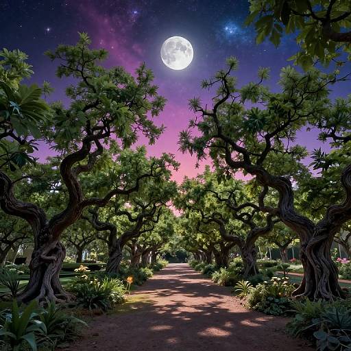Photorealistic digital artwork of a moonlit forest path, with twisted, leafy trees, vibrant purple-pink sky, and a glowing full moon