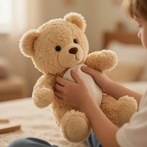 Photograph of a young child holding a soft, tan teddy bear with black eyes and a white belly, in a sunlit, cozy bedroom.