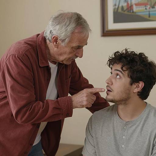Older man scolding younger man indoors