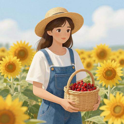 Digital illustration of a smiling young woman with brown hair in a straw hat, wearing blue overalls and white shirt, holding a basket of red cherries