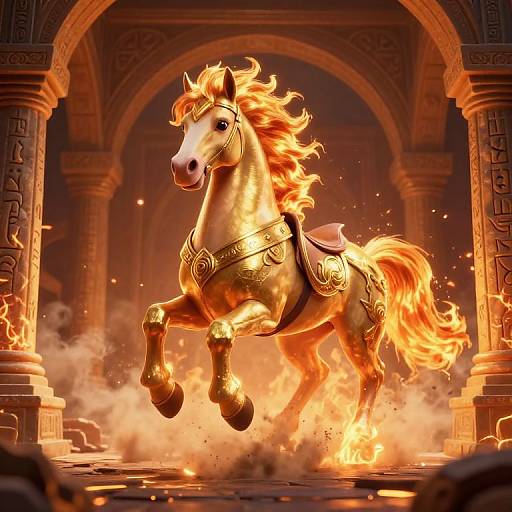 Digital art of a golden, flaming horse with fiery mane and tail, rearing in an ornate, burning archway with detailed carvings.