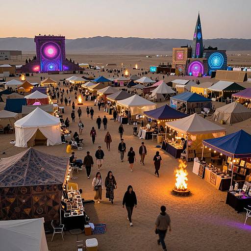 Photograph of a nighttime outdoor market with colorful tents, illuminated by neon lights, fire pits, and a distant clock tower, with people walking and shopping