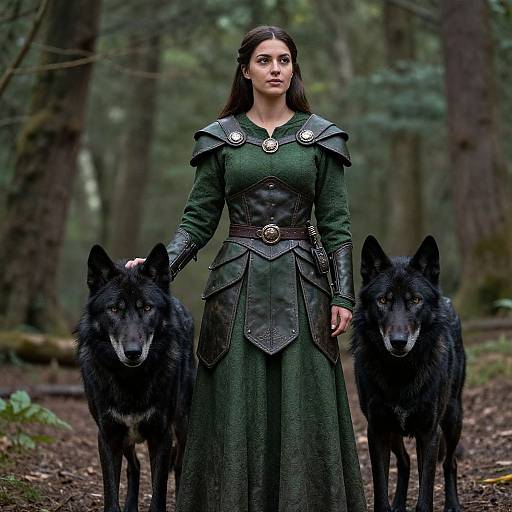 Photorealistic image of a dark-haired woman in medieval green armor and long dress, standing in a forest with two black wolves.