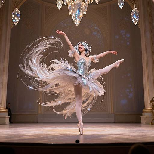 Photograph of a ballerina in a sparkling white tutu with feathered details, performing a graceful leap on stage, surrounded by elegant crystal ch