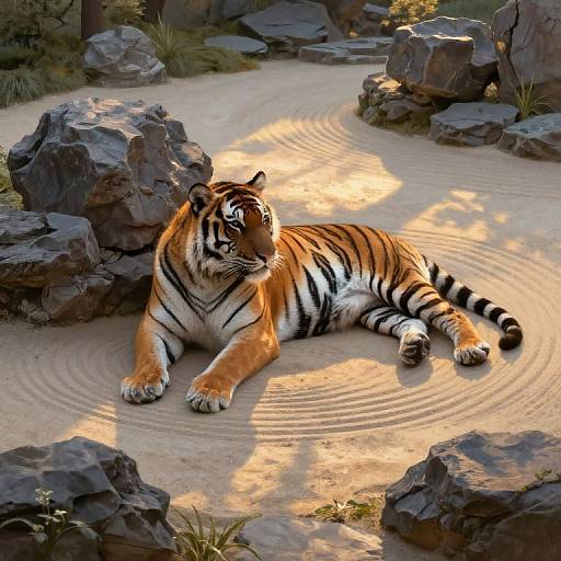 Photograph of a regal Bengal tiger with orange and black stripes, lying in a sandy, rock-strewn raked garden, basking in