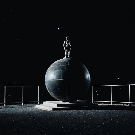 Greek Statue on Black Granite Sphere at Night
