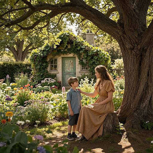 Photograph of a mother with long brown hair in a tan dress, sitting on a tree trunk, talking to her young son in a blue shirt and