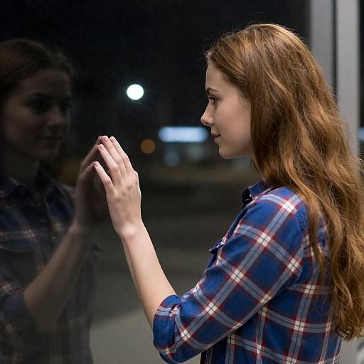 Woman in plaid shirt touching glass window