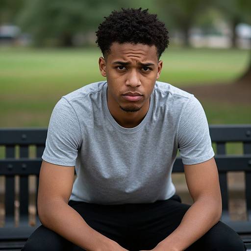 Serious Young Man Sitting on Park Bench