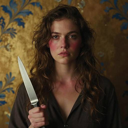 Serious Woman Holding Knife with Dramatic Lighting
