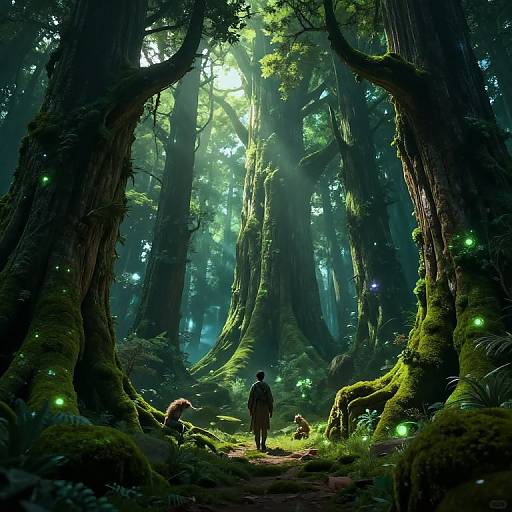 Digital fantasy artwork of a lone figure walking through a magical, sunlit, moss-covered forest with towering trees and glowing fireflies.