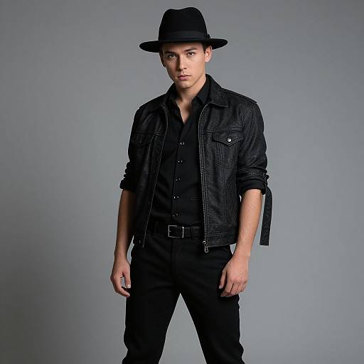 Photograph of a young man with fair skin, wearing a black fedora, black denim jacket, black shirt, and black pants, standing against a