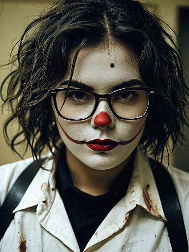 Woman in Leatherface Inspired Clown Makeup and Glasses