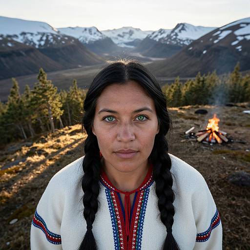 Photograph of a young Indigenous woman with dark hair in braids, wearing a white traditional embroidered top, standing in a mountainous forest with a camp