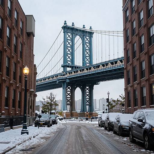 Photograph of a snowy urban street flanked by red brick buildings, with the Brooklyn Bridge prominently centered in the background.