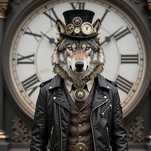 Steampunk Wolf in Vintage Clock Scene