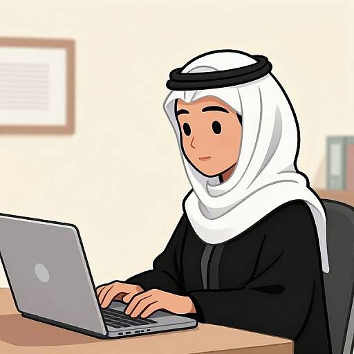 Digital cartoon of a smiling woman in a white hijab and black abaya, typing on a laptop in a simple, white-walled room.