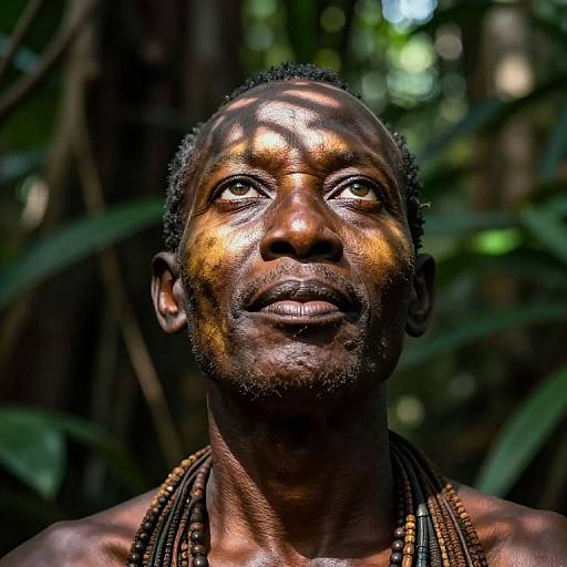 Photograph of a dark-skinned, muscular man with short curly hair, decorated with yellow and brown tribal face paint, gazing upward in a sun