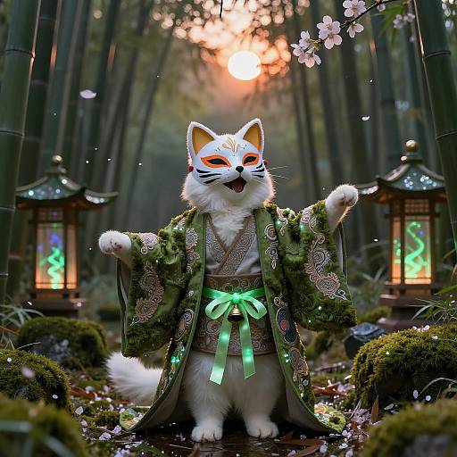 Masked Kitten in Bioluminescent Bamboo Grove