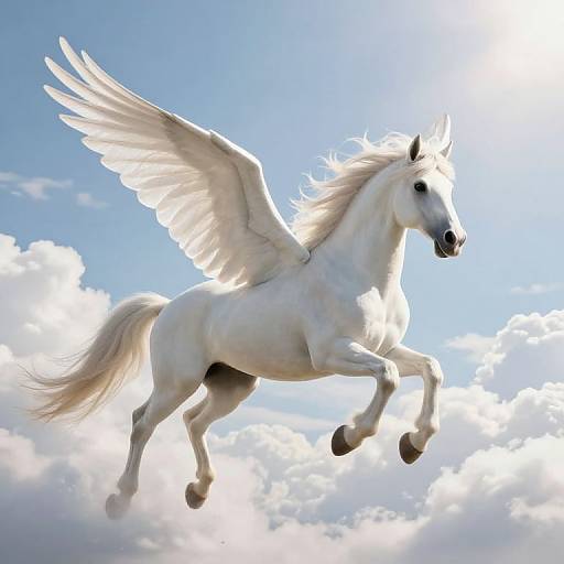 Photorealistic digital artwork of a white winged Pegasus with flowing mane and tail, mid-leap against a bright blue sky with fluffy clouds.