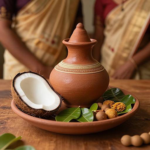 Photograph of a clay water pot with a spout, surrounded by halved coconut, green leaves, and nuts, set on a wooden table with