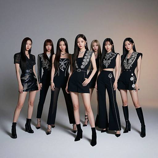 Photograph of seven Asian women in black, sparkly, sleeveless outfits with varying lengths, standing in a row, wearing high-heeled boots against