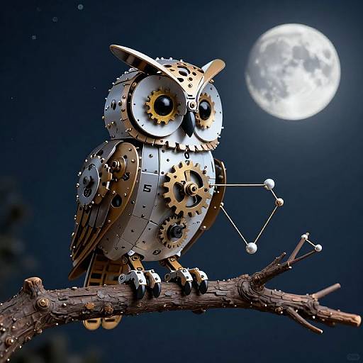Steampunk owl sculpture with gears and cogs perched on a branch, gazing at a bright full moon in a starry night sky.