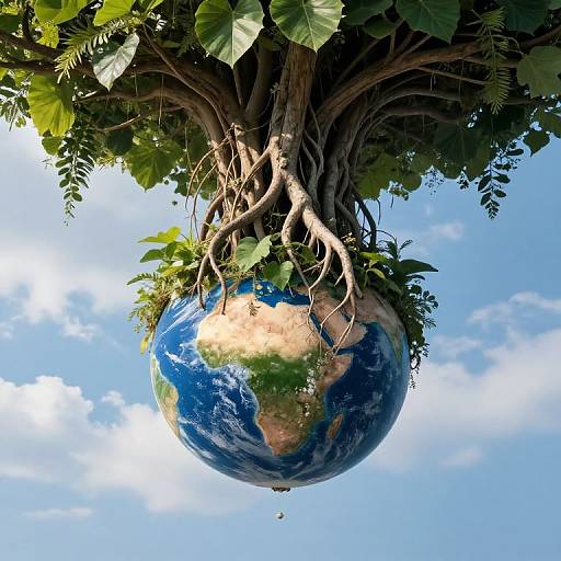 Photorealistic digital image: Earth hanging from a large tree with intricate roots, surrounded by lush green leaves, against a bright blue sky with scattered white