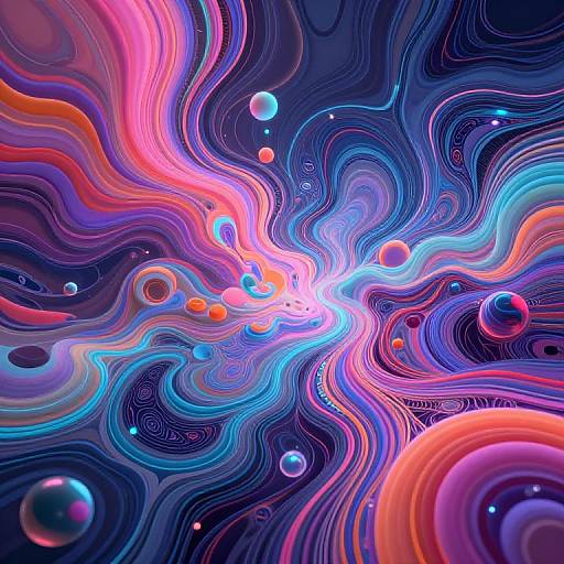 Digital abstract art: Vibrant, swirling waves in neon pink, blue, and purple blend with colorful orbs and dots against a dark background. Cosmic,