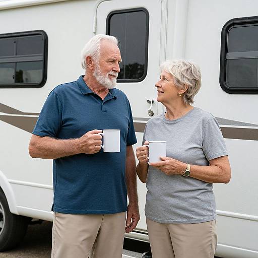 Photograph of an elderly white couple, smiling, holding white mugs, standing in front of a white RV with black stripes.