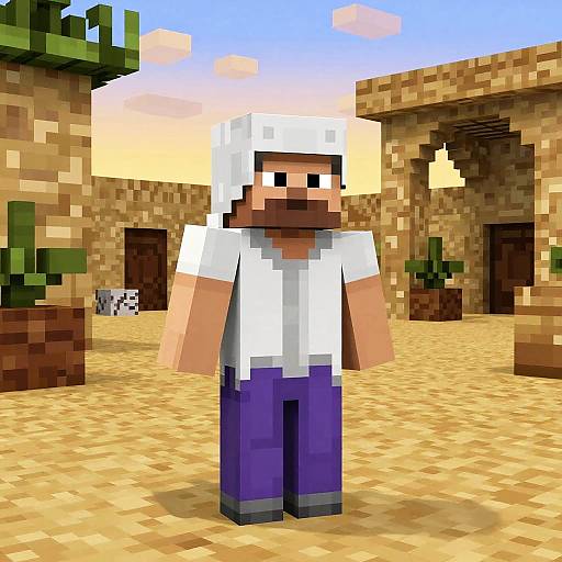 Pixel art of a male character with a white hood, white shirt, and purple pants standing in a blocky desert town.