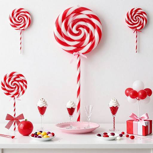 Photograph of a festive white table featuring large red and white swirled lollipops, dessert cups, red balloons, candy, and a