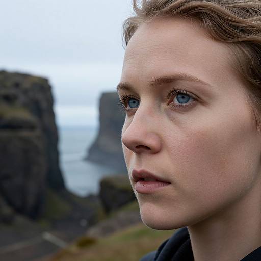Close-up photograph of a fair-skinned woman with blue eyes, short brown hair, and soft features, looking intently to the right, against a