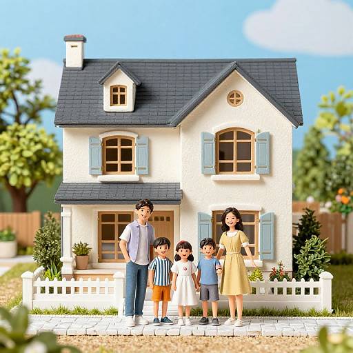 Digital illustration of a family standing in front of a white, two-story house with blue shutters and a dark gray roof. Clear blue sky, green