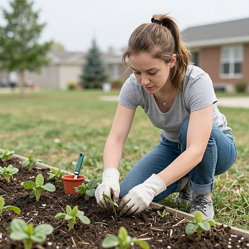 Photograph of a young woman with brown hair in a ponytail, wearing a gray shirt, blue jeans, white gloves, planting seedlings in a