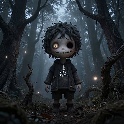 Digital art: Creepy child with messy black hair, one glowing yellow eye, stitched smile, dark hoodie, stands in eerie blue forest.